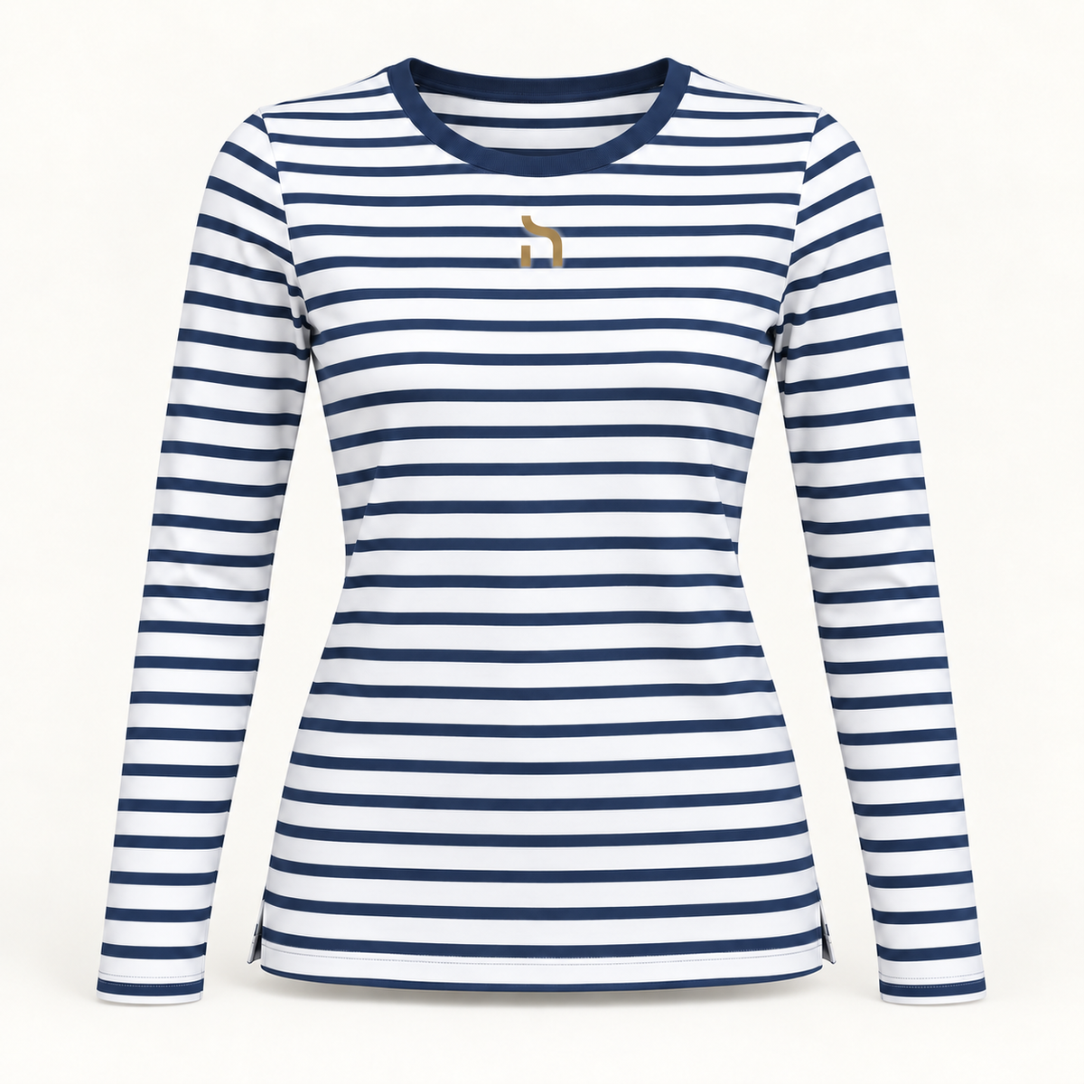 Gestreiftes Haensch Coast Damen-Longsleeve in White/Navy mit Rundhalsausschnitt und kleinem goldenem Haensch-Zeichen mittig auf der Brust.