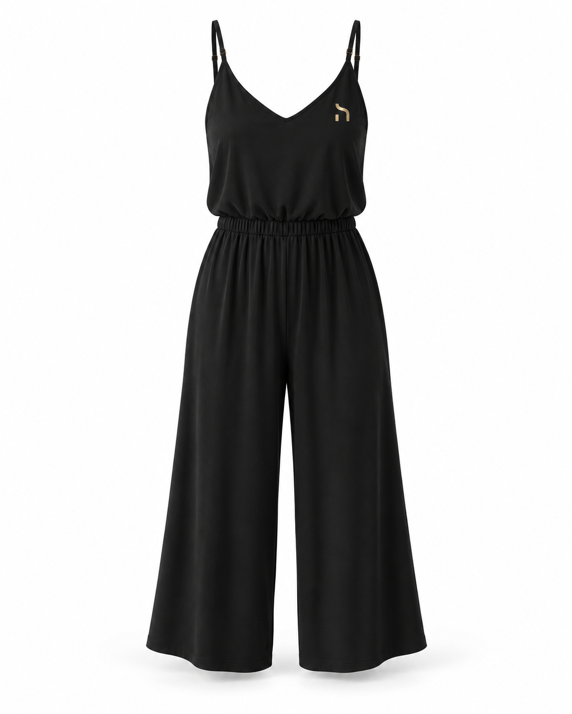 Schwarzer Haensch Coast Modal Crossback Jumpsuit Damen in Coast Black mit V-Ausschnitt, schmalen Trägern, weitem Bein und goldenem H-Signet