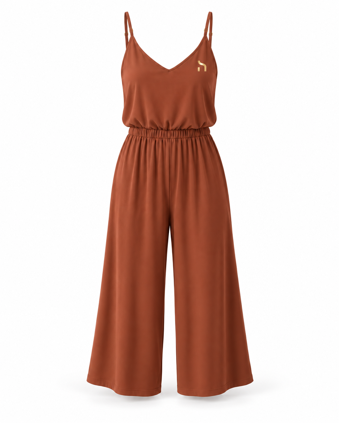 Haensch Coast Modal Crossback Jumpsuit Damen in Coast Terracotta mit V-Ausschnitt, weitem Bein und kleinem goldenem H-Signet