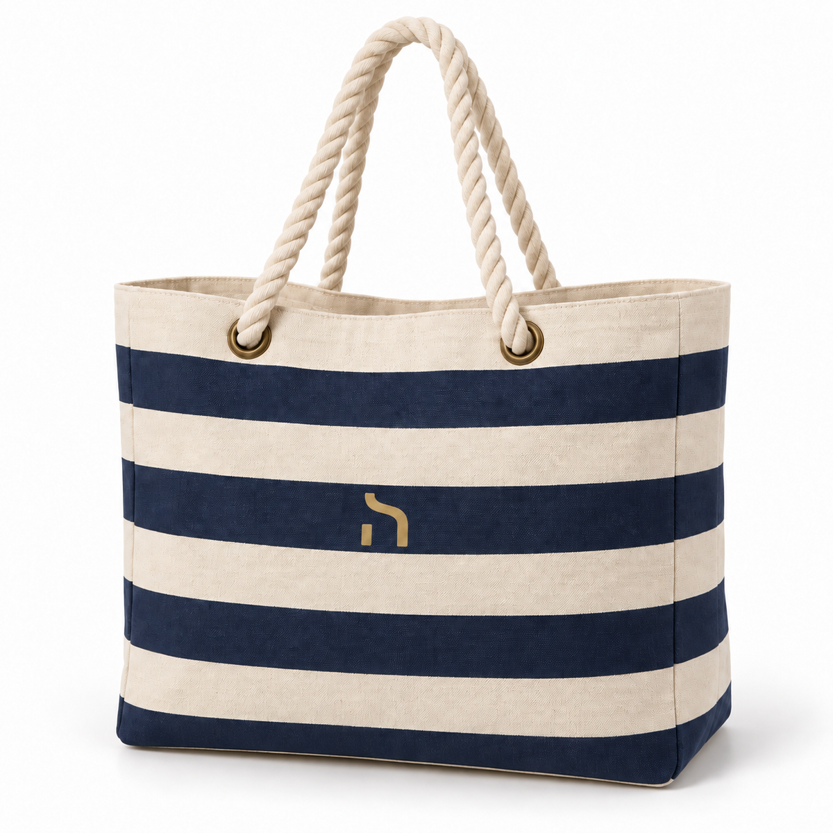 Gestreifte Haensch Coast Nautical Beach Bag aus festem Baumwoll-Canvas mit Kordelgriffen und goldenem Haensch-Zeichen.