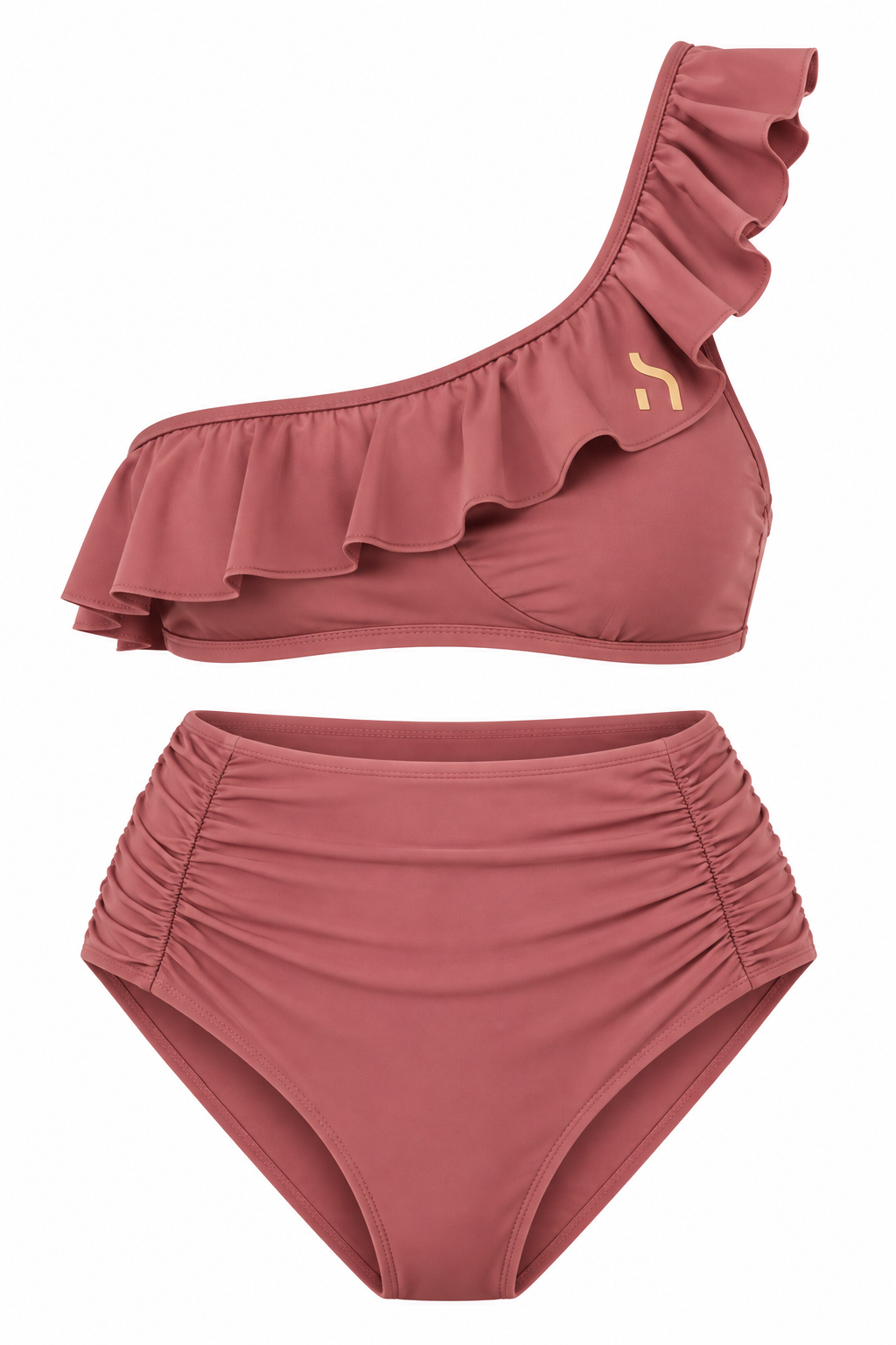 Haensch Coast One Shoulder High Waist Bikini Damen in Coast Berry Rose mit asymmetrischem Rüschen-Oberteil, High-Waist-Bikinihose und goldenem Hänsch-H-Signet