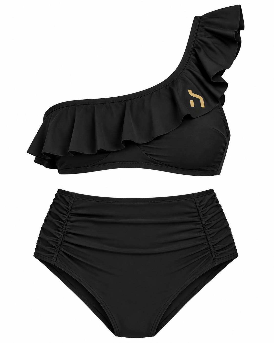 Haensch Coast One Shoulder High Waist Bikini Damen in Coast Black mit asymmetrischem Rüschen-Oberteil, High-Waist-Slip und goldenem Hänsch-H-Signet
