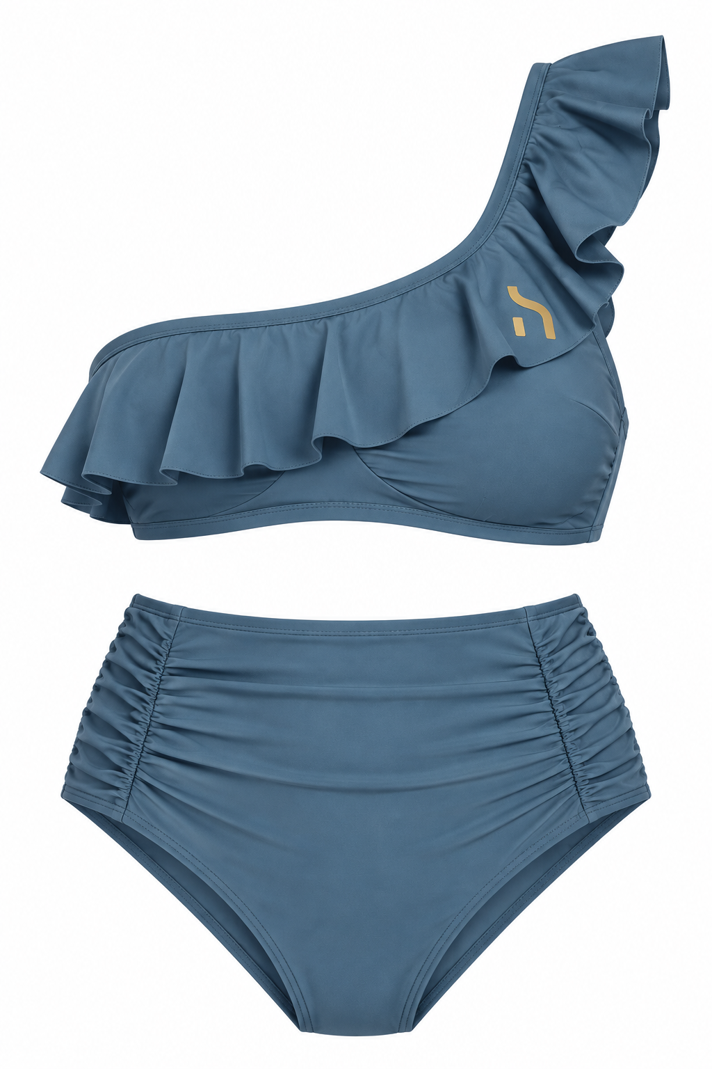 Haensch Coast One Shoulder High Waist Bikini Damen in Coast Ocean Blue mit One-Shoulder-Rüschen-Oberteil, gerafftem High-Waist-Slip und goldenem Hänsch-H-Signet