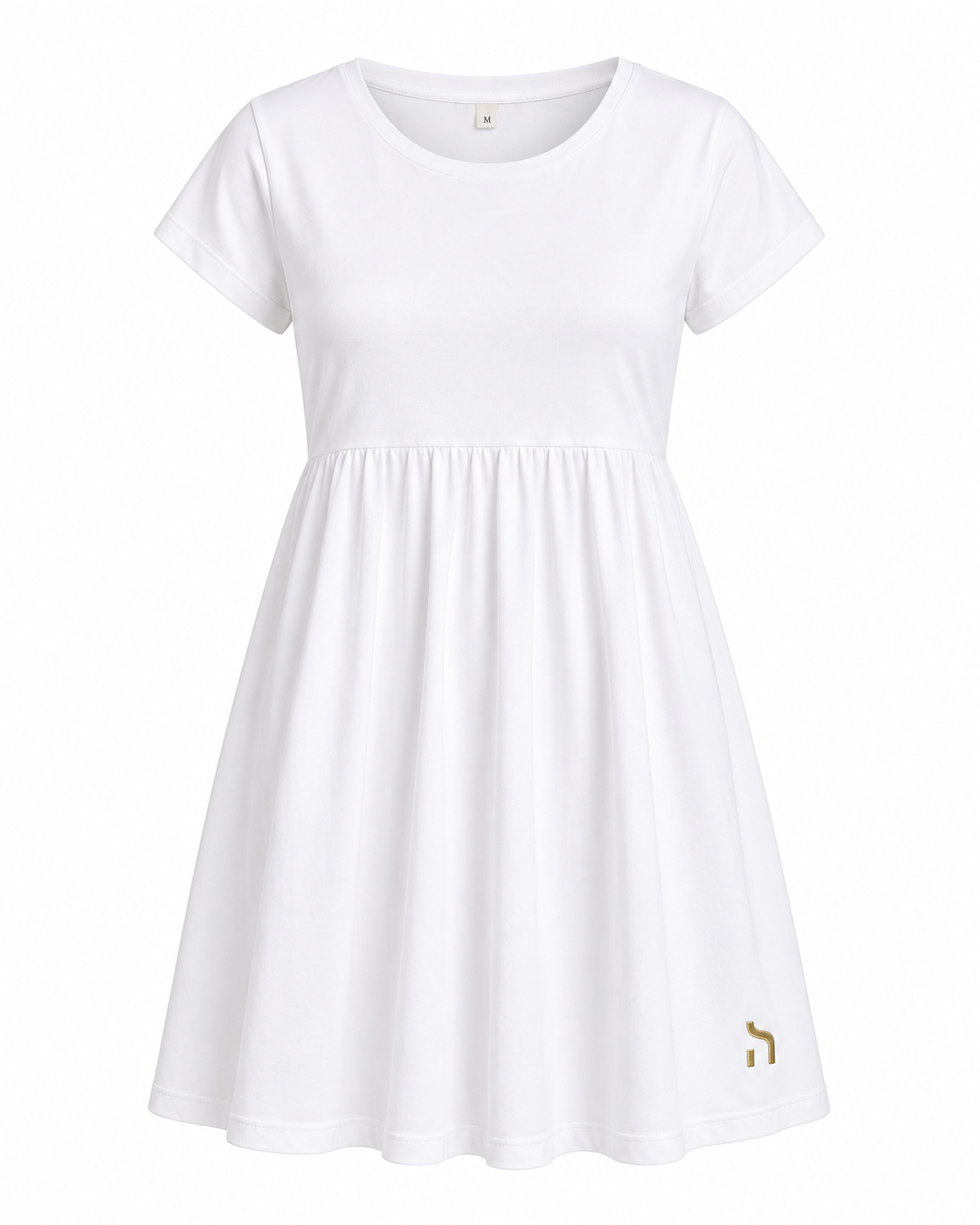 Weißes Haensch Coast Organic Empire Mini Dress Damen aus Bio-Baumwolle mit goldenem H-Logo, freigestellte Vorderansicht