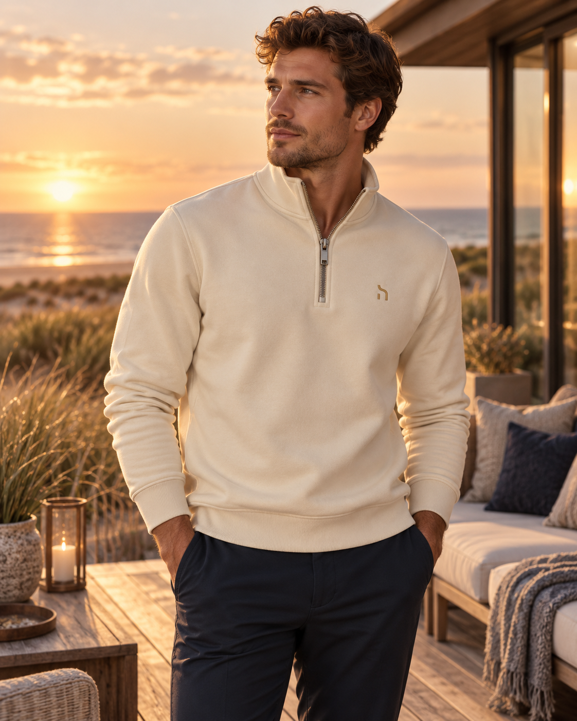 Mann im Haensch Coast Premium Half-Zip in Coast Ivory auf einer modernen Terrasse mit Blick auf die Ostsee.