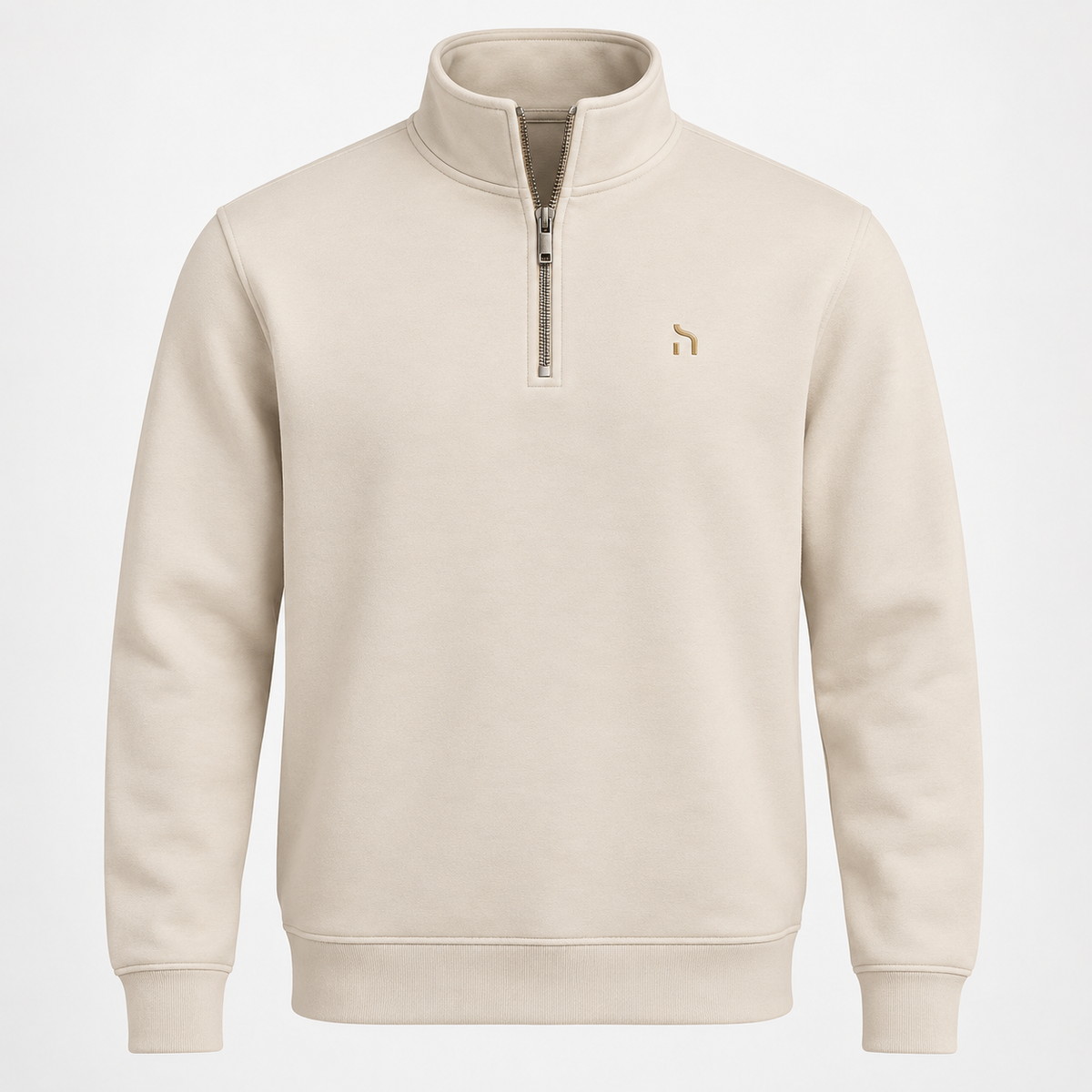 Haensch Coast Premium Half-Zip Herren in Coast Ivory mit hohem Kragen, Metallreißverschluss und goldenem Haensch-Zeichen.