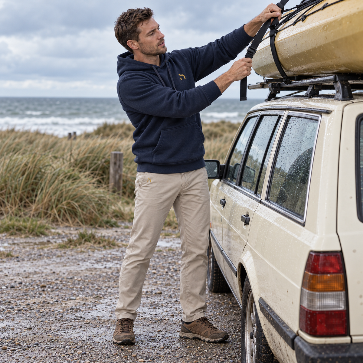 Mann trägt den deep-navyblauen Haensch Coast Premium Hoodie beim Befestigen eines Kajaks an der windigen Ostseeküste.