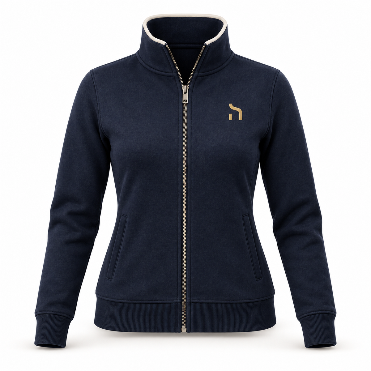 Taillierte Haensch Coast Premium Sweatjacke für Damen in Deep Navy mit durchgehendem Reißverschluss und goldenem Brustzeichen.
