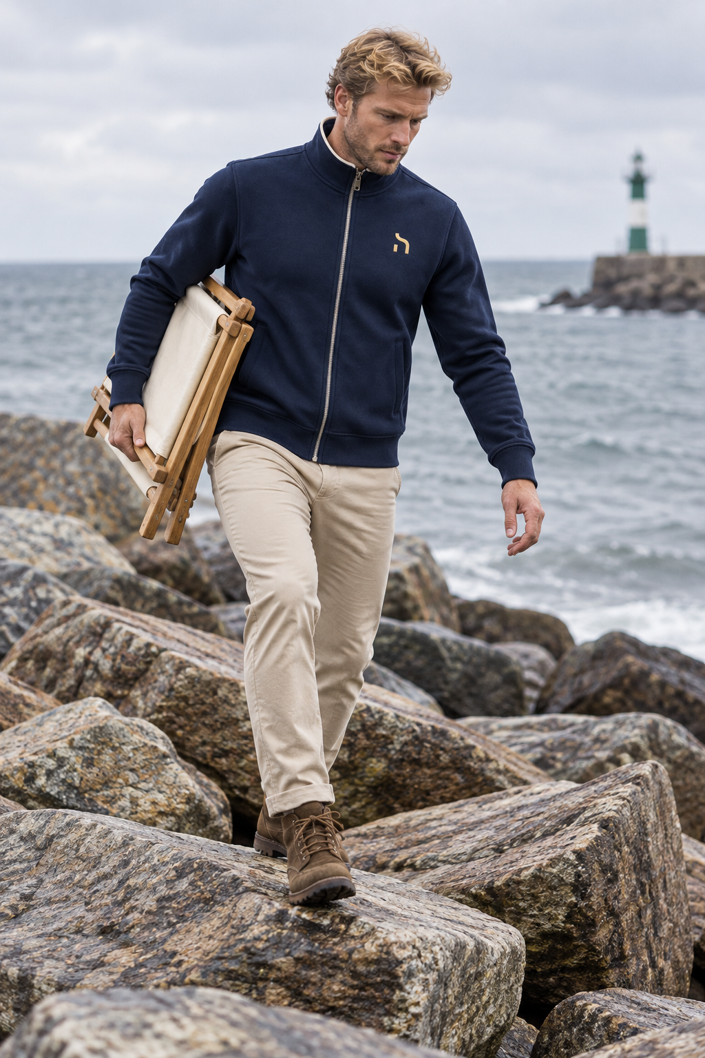 Blonder Mann trägt die Haensch Coast Premium Sweatjacke in Deep Navy und transportiert einen Deckstuhl über einen felsigen Küstenabschnitt.
