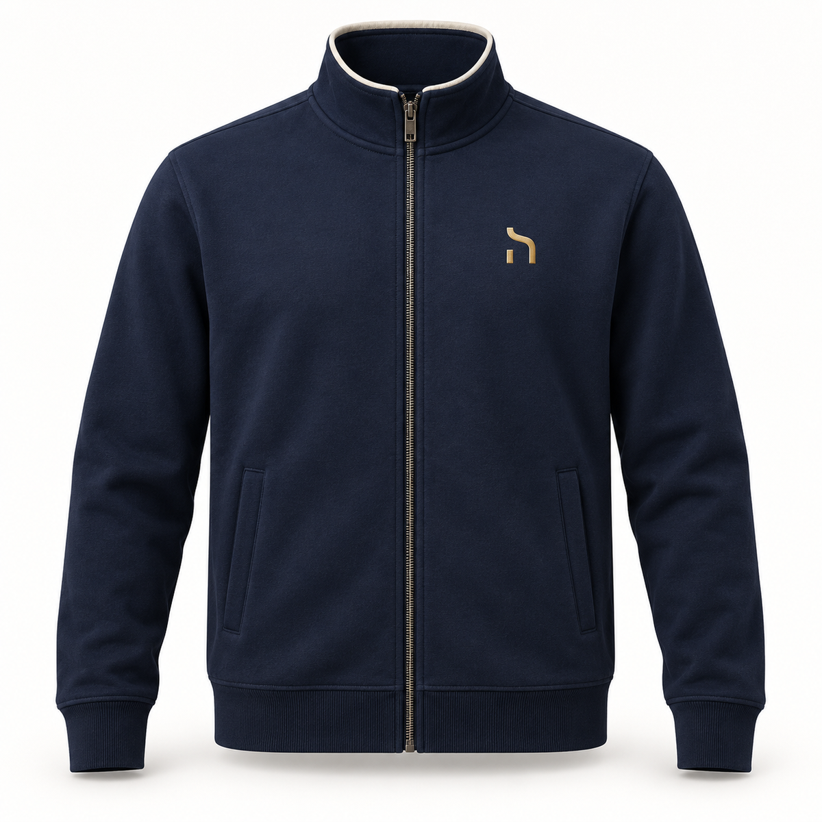 Gerade geschnittene Haensch Coast Premium Sweatjacke für Herren in Deep Navy mit Stehkragen und goldenem Brustzeichen.