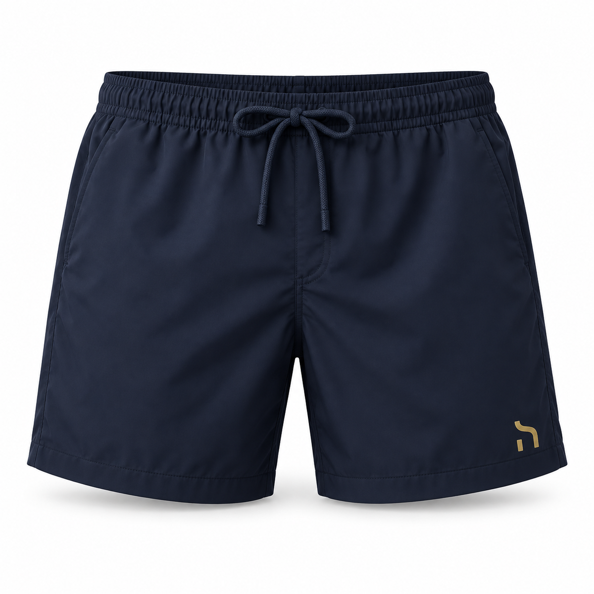 Haensch Coast Premium Swim Shorts Herren in Deep Navy mit elastischem Bund, Kordelzug und goldenem Haensch-Zeichen.