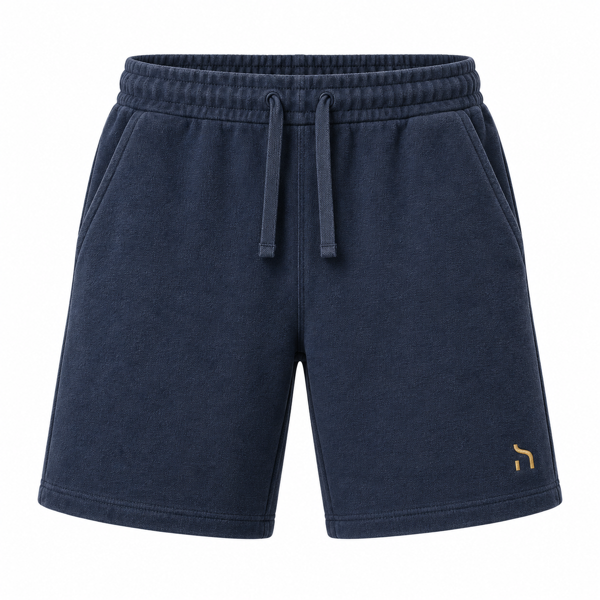 Haensch Coast Premium Terry Shorts Herren in Washed Navy aus weichem French Terry mit elastischem Bund, Kordelzug und goldenem Haensch-Zeichen.