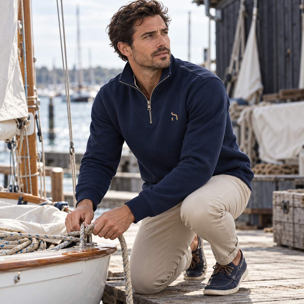 Dunkelhaariger Mann trägt den marineblauen Haensch Coast Quarter-Zip Pullover mit goldenem Haensch-Zeichen an einem Segelboot.