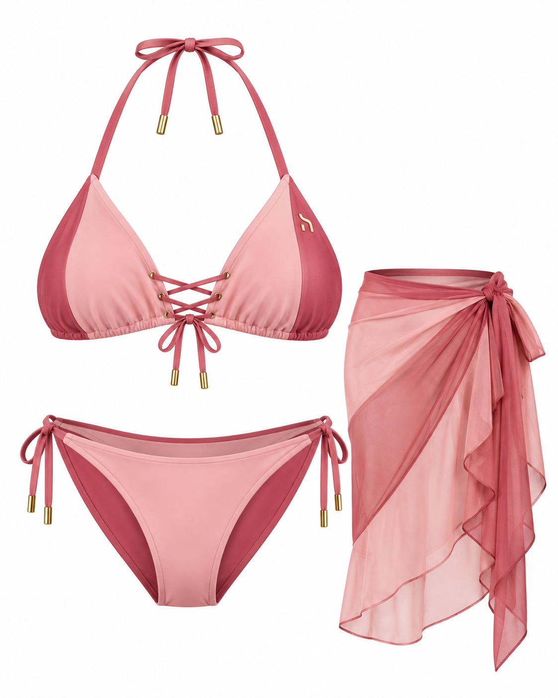 Haensch Coast Resort 3-Piece Bikini Damen in Coast Rose Mix mit rosa Lace-Up-Bikinioberteil, passendem Bikini-Slip, zweifarbigem Strandrock und goldenem Hänsch-H-Signet