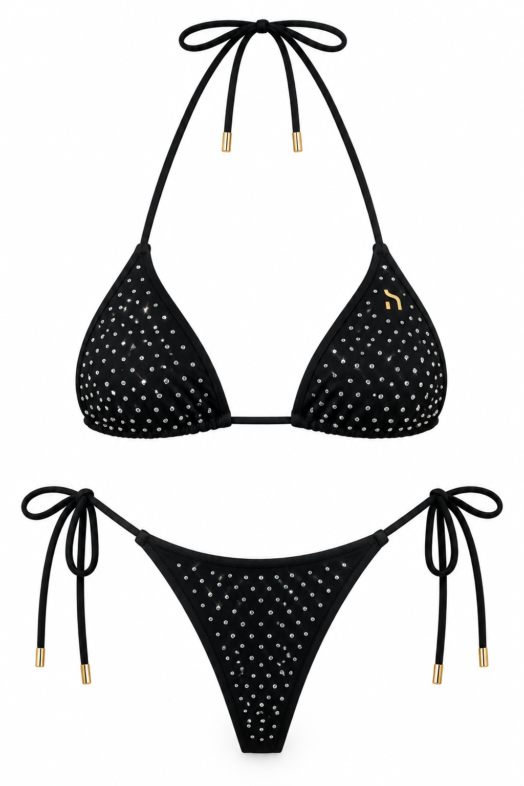Schwarzer Haensch Coast Rhinestone Halter Bikini für Damen mit Strassdetails, Triangel-Oberteil, seitlich gebundener Bikinihose und goldenen Akzenten in frontaler Produktansicht.