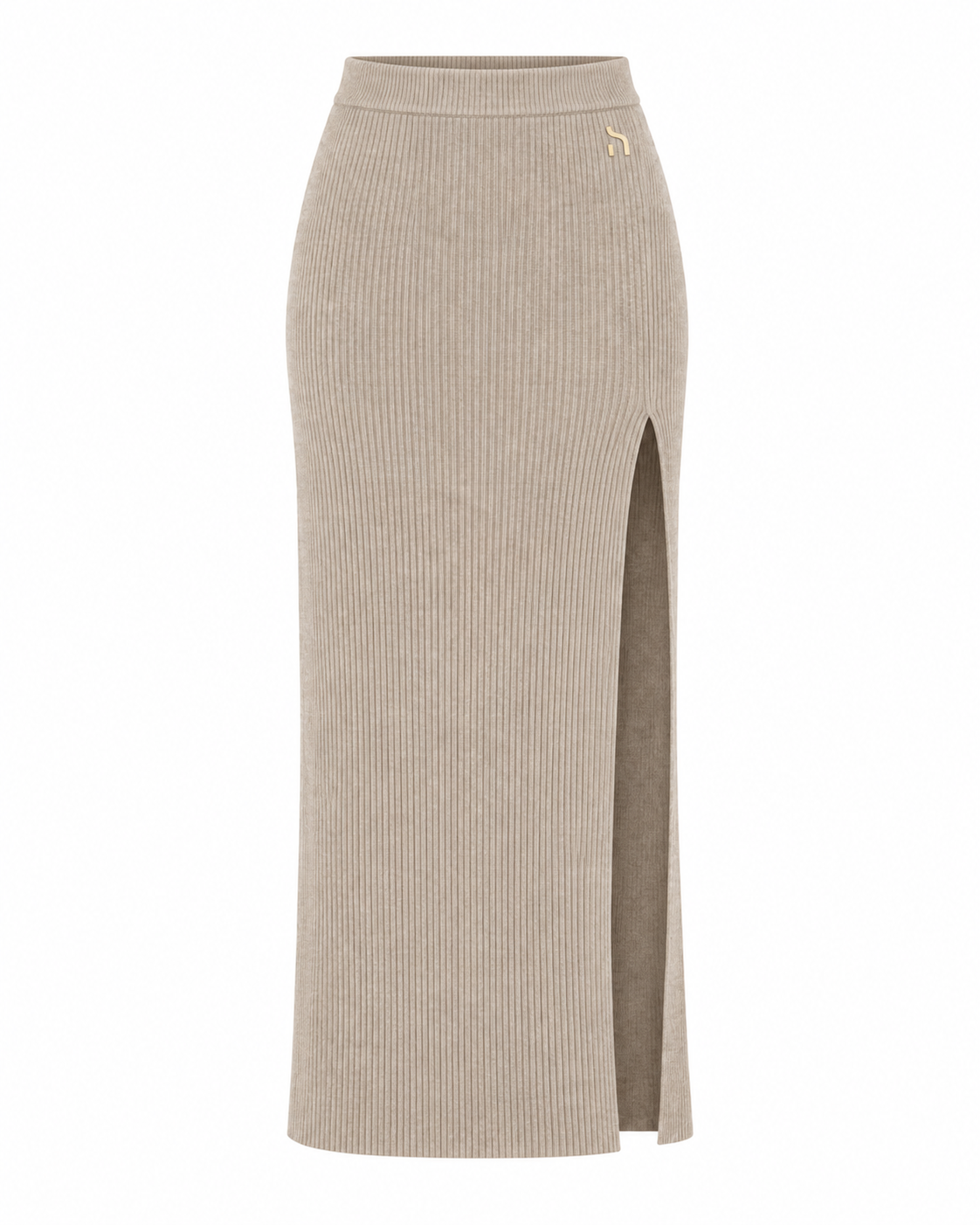 Haensch Coast Rib High Slit Skirt Damen in Coast Beige Melange mit körperbetonter Maxi-Silhouette, Rippstruktur und goldenem H-Signet