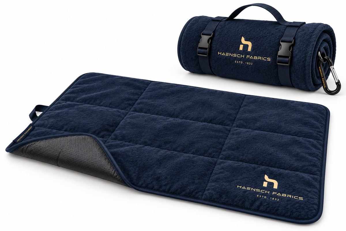 Haensch Coast Roll & Go Dog Travel Mat in Deep Navy mit goldenem Haensch Fabrics Logo, weicher Liegefläche und aufgerollter Transportversion auf weißem Hintergrund.