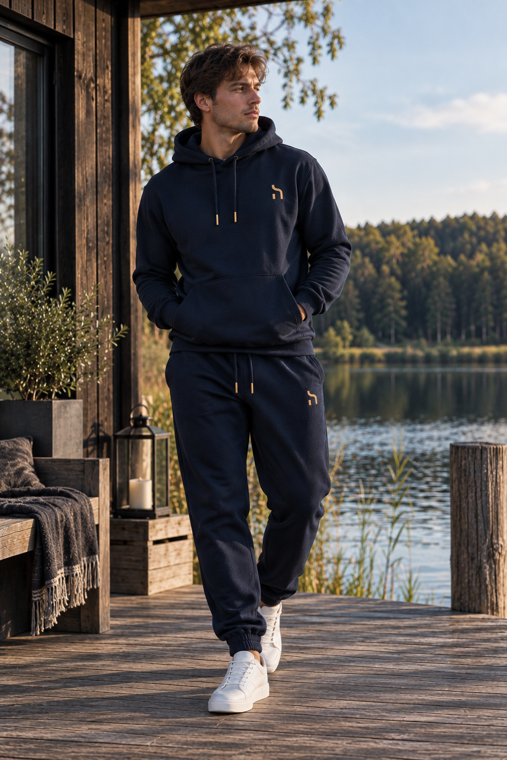 Mann im Haensch Coast Set in Deep Navy mit Hoodie und Jogpants auf einem Holzsteg an der Ostsee.