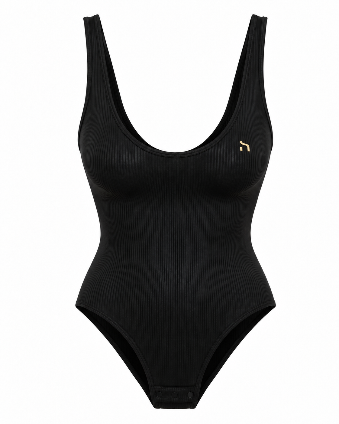 Schwarzer Haensch Coast Shiny Rib Body Damen in Coast Black mit gerippter Stretch-Struktur, tiefem Ausschnitt und kleinem goldenem H-Signet
