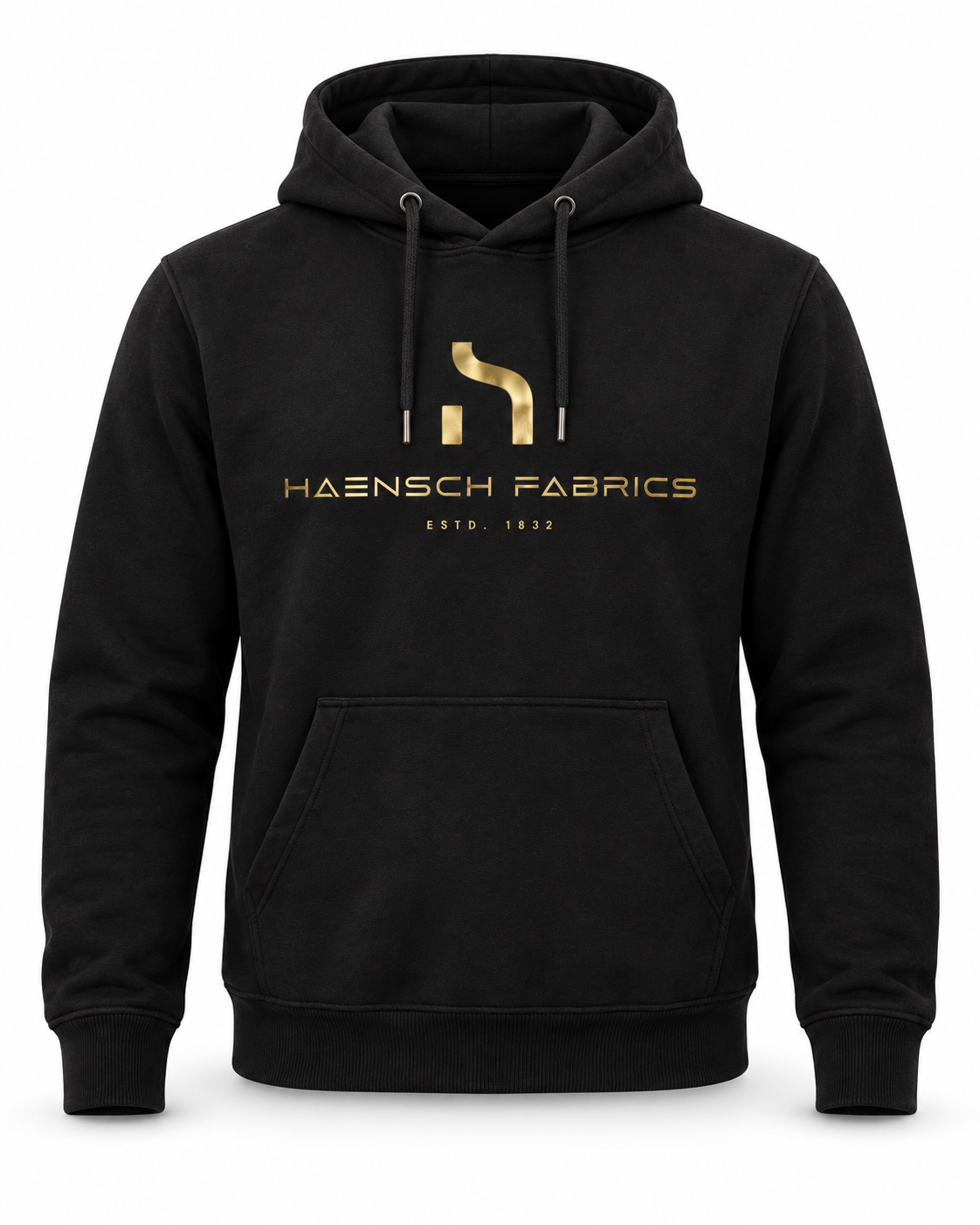 Schwarzer Haensch Coast Signature Hoodie mit goldenem Haensch Fabrics Logo in frontaler Produktansicht auf weißem Hintergrund