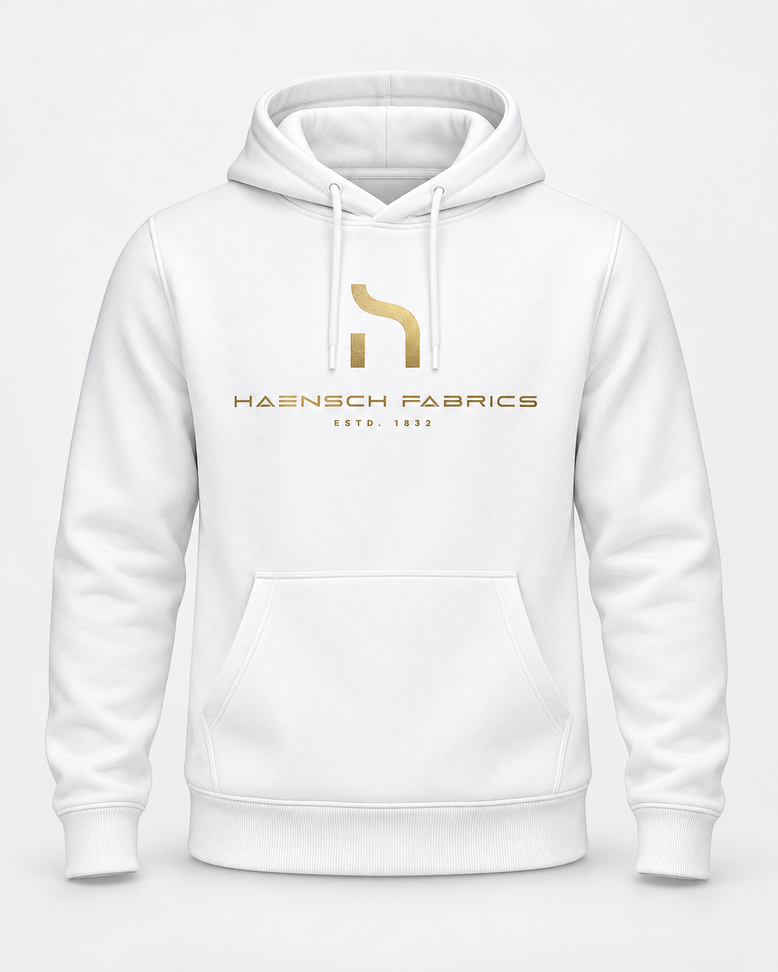 Weißer Haensch Coast Signature Damen Hoodie mit goldenem Haensch Fabrics Logo in frontaler Produktansicht auf hellem Hintergrund