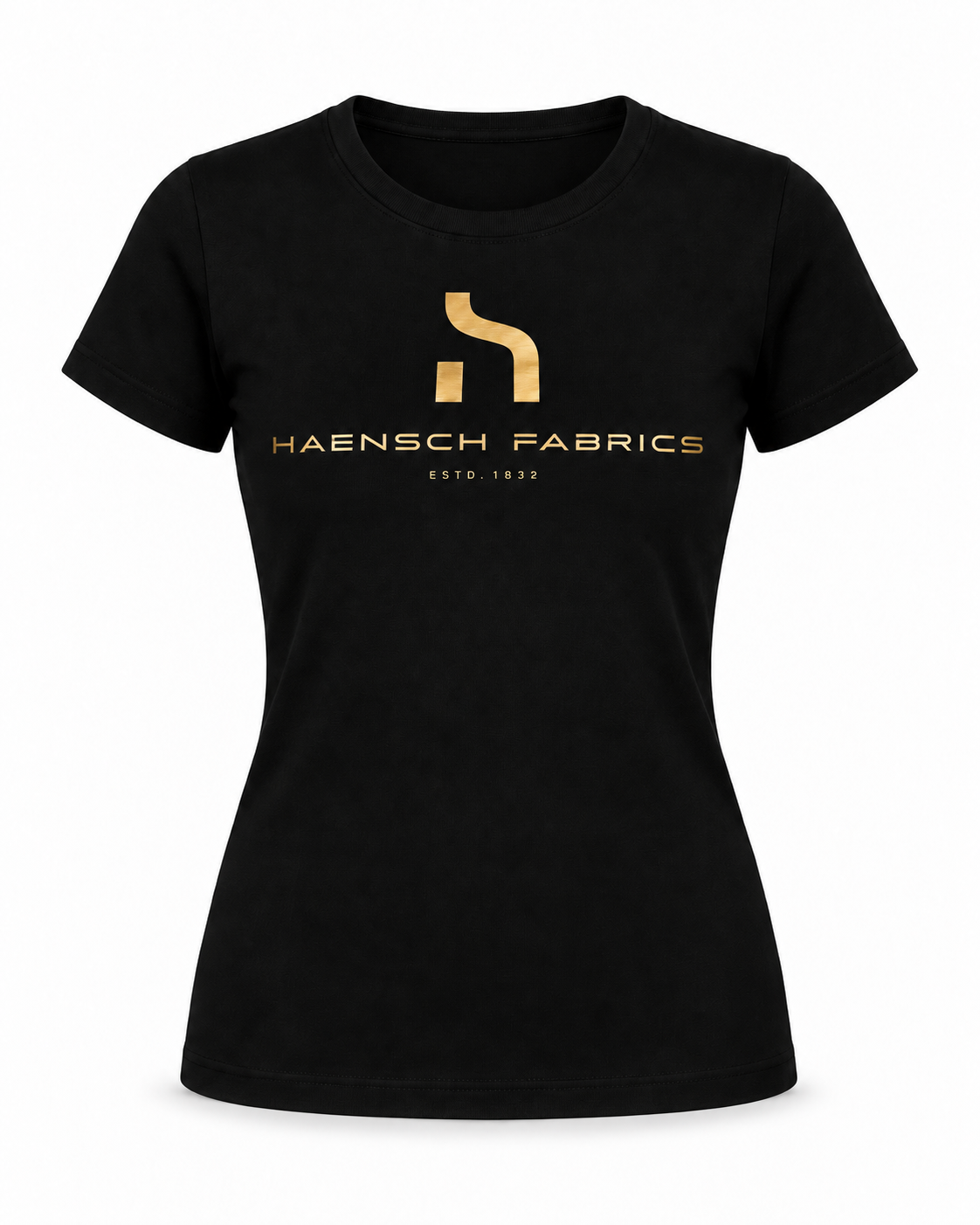 Schwarzes Haensch Coast Signature Damen T-Shirt mit goldenem Haensch Fabrics Logo in frontaler Produktansicht auf weißem Hintergrund