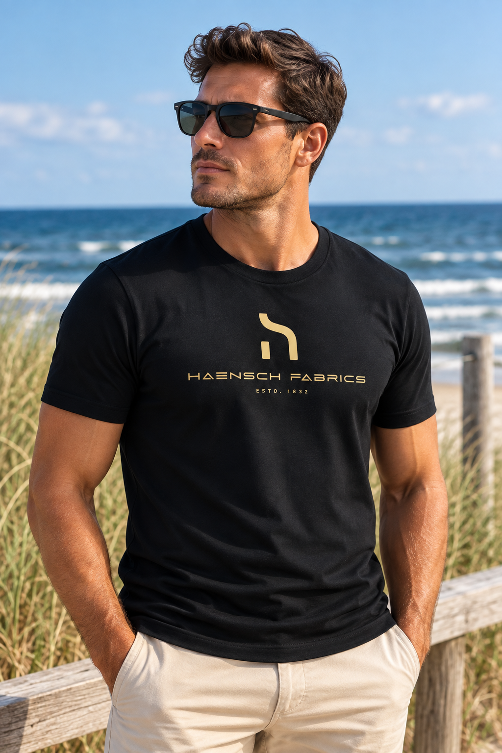 Männliches Model trägt das schwarze Haensch Coast Signature T-Shirt mit goldenem Haensch Fabrics Logo vor Dünen und Ostsee