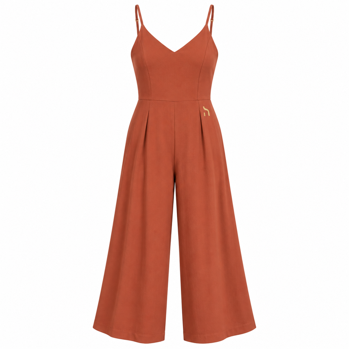 Haensch Coast Spaghetti Jumpsuit Damen in Coast Terracotta mit Spaghetti-Trägern, weitem Bein und goldenem H-Logo, freigestellte Vorderansicht
