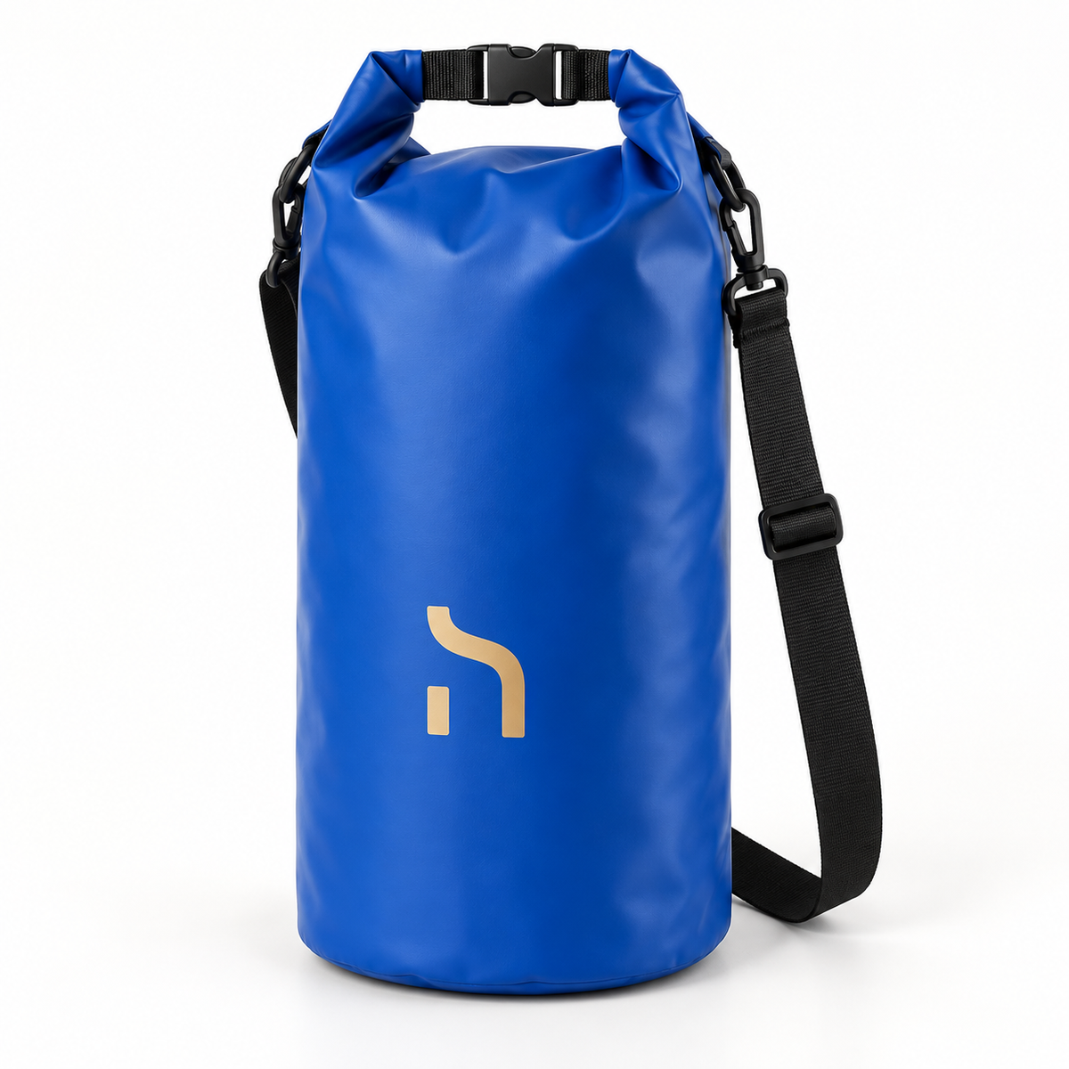 Royalblaue Haensch Coast Splash Drybag mit Rollverschluss, schwarzem Schultergurt und goldenem Haensch-Zeichen.
