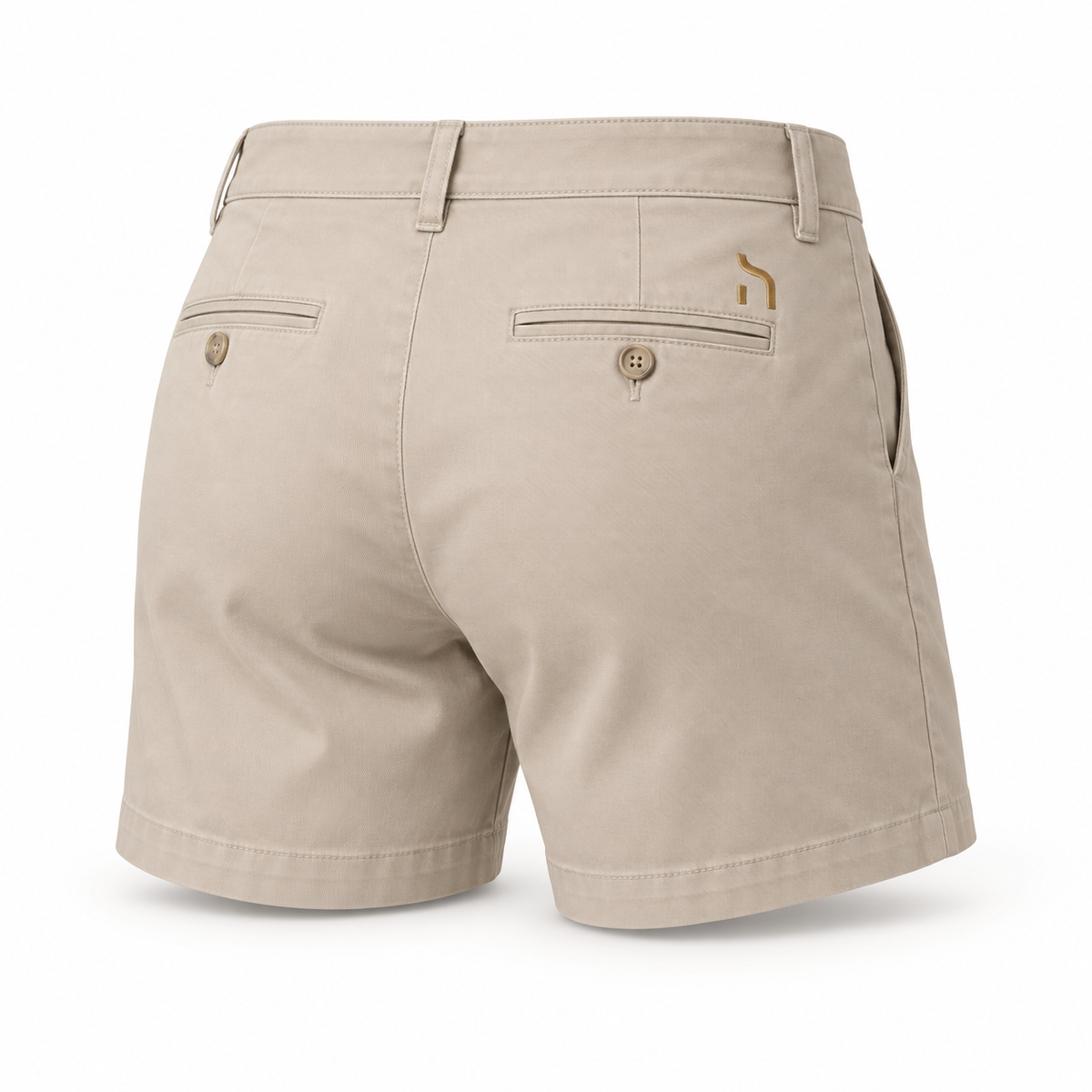 Damen-Chino-Shorts in Stone mit Gesäßtaschen und kleinem goldenem Haensch-Zeichen über der rechten Tasche.