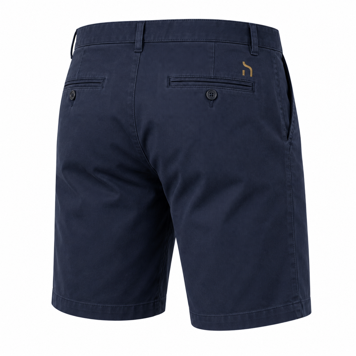 Herren-Chino-Shorts in Navy mit geradem Schnitt und goldenem Haensch-Zeichen über der rechten Gesäßtasche.