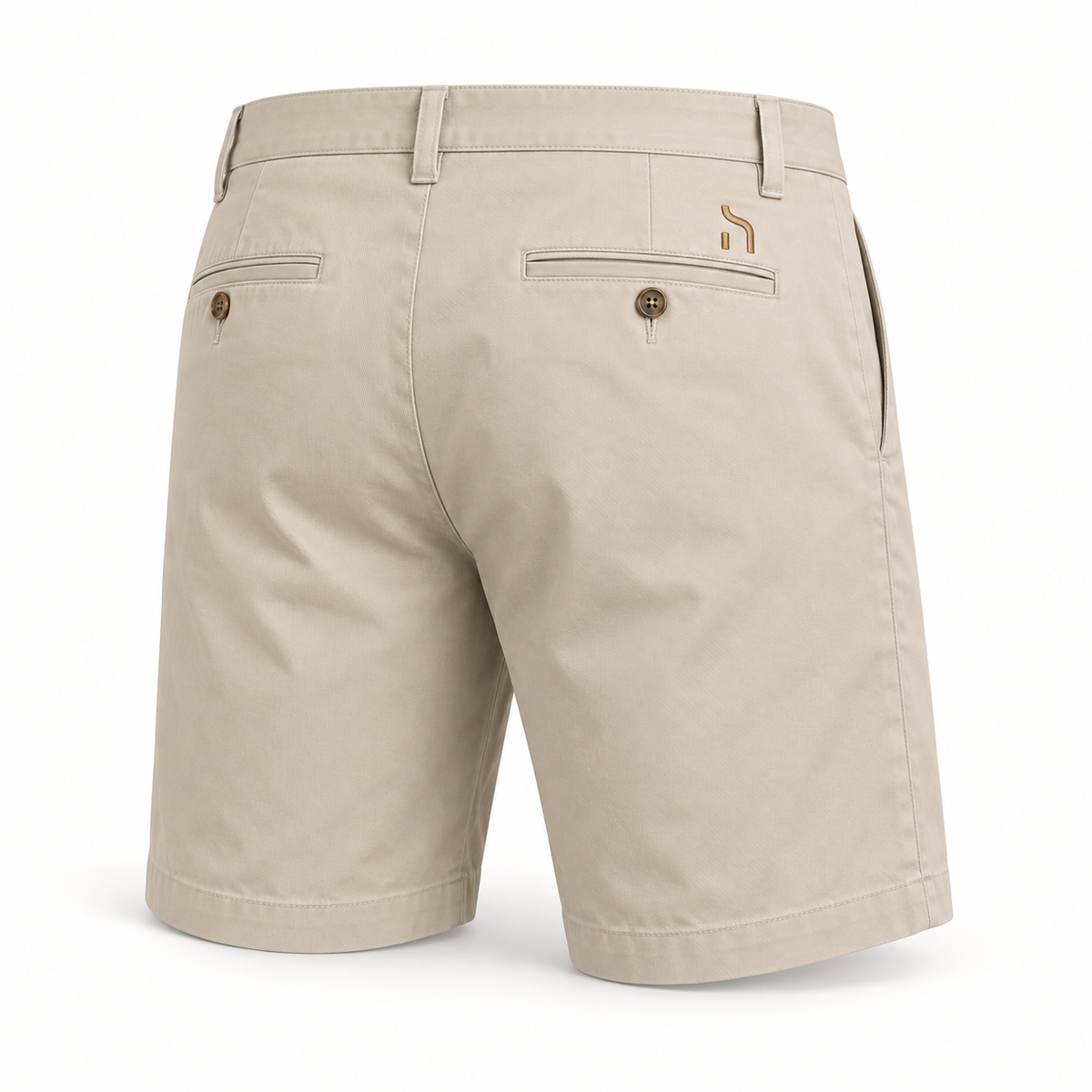 Herren-Chino-Shorts in Stone mit geradem Schnitt, Gesäßtaschen und goldenem Haensch-Zeichen.