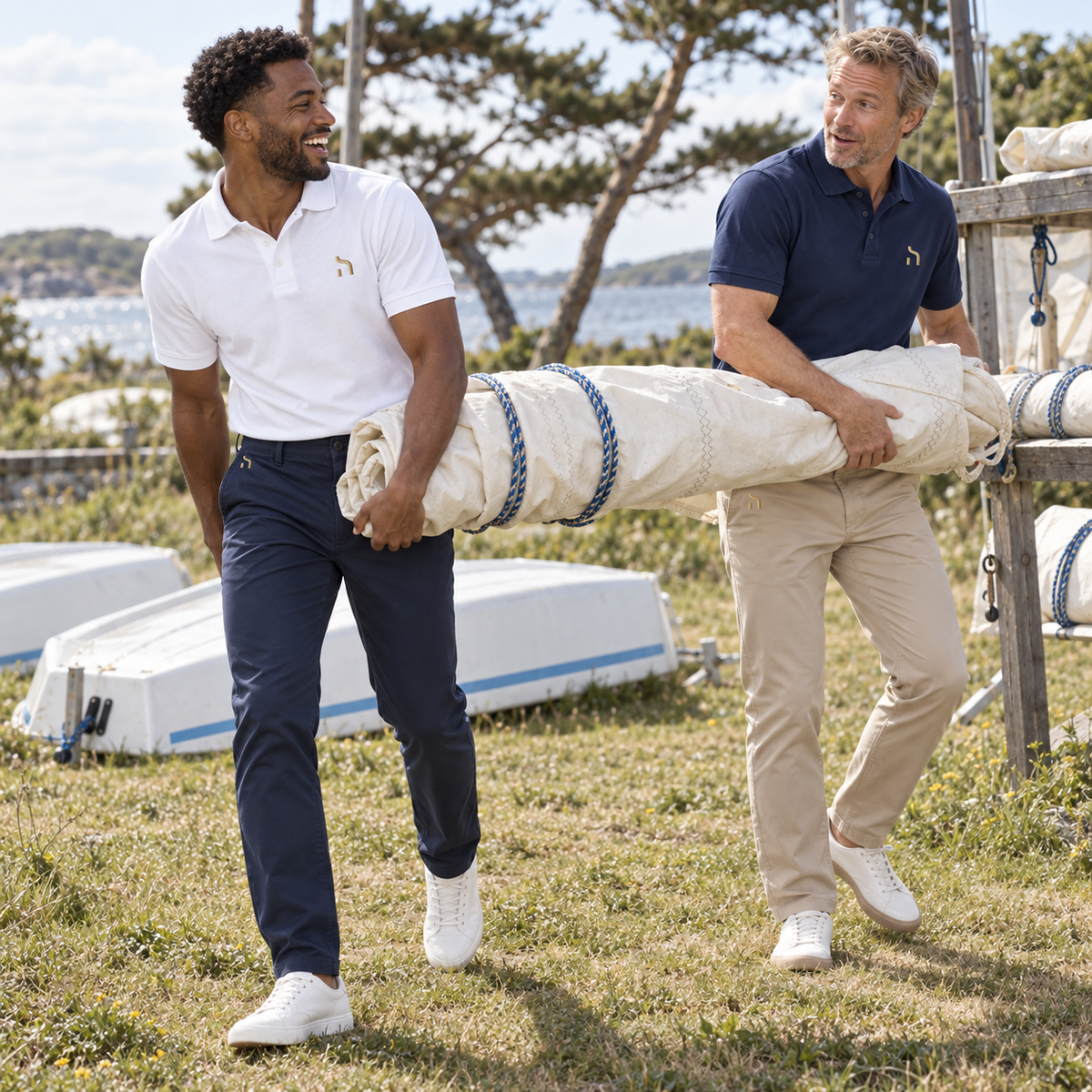 Zwei Männer tragen Haensch Coast Stretch Chinos in Navy und Stone mit passenden Haensch-Poloshirts an einer Segelschule.