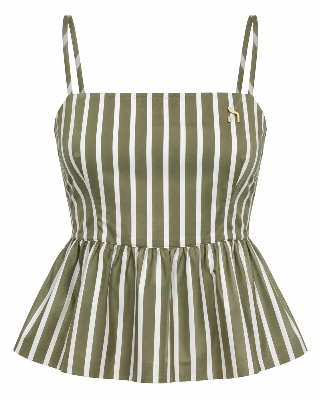 Haensch Coast Stripe Peplum Cami Top Damen in Coast Olive Stripe mit feinen Spaghettiträgern, geradem Ausschnitt, ausgestelltem Schößchen und kleinem goldenem Hänsch-H-Signet