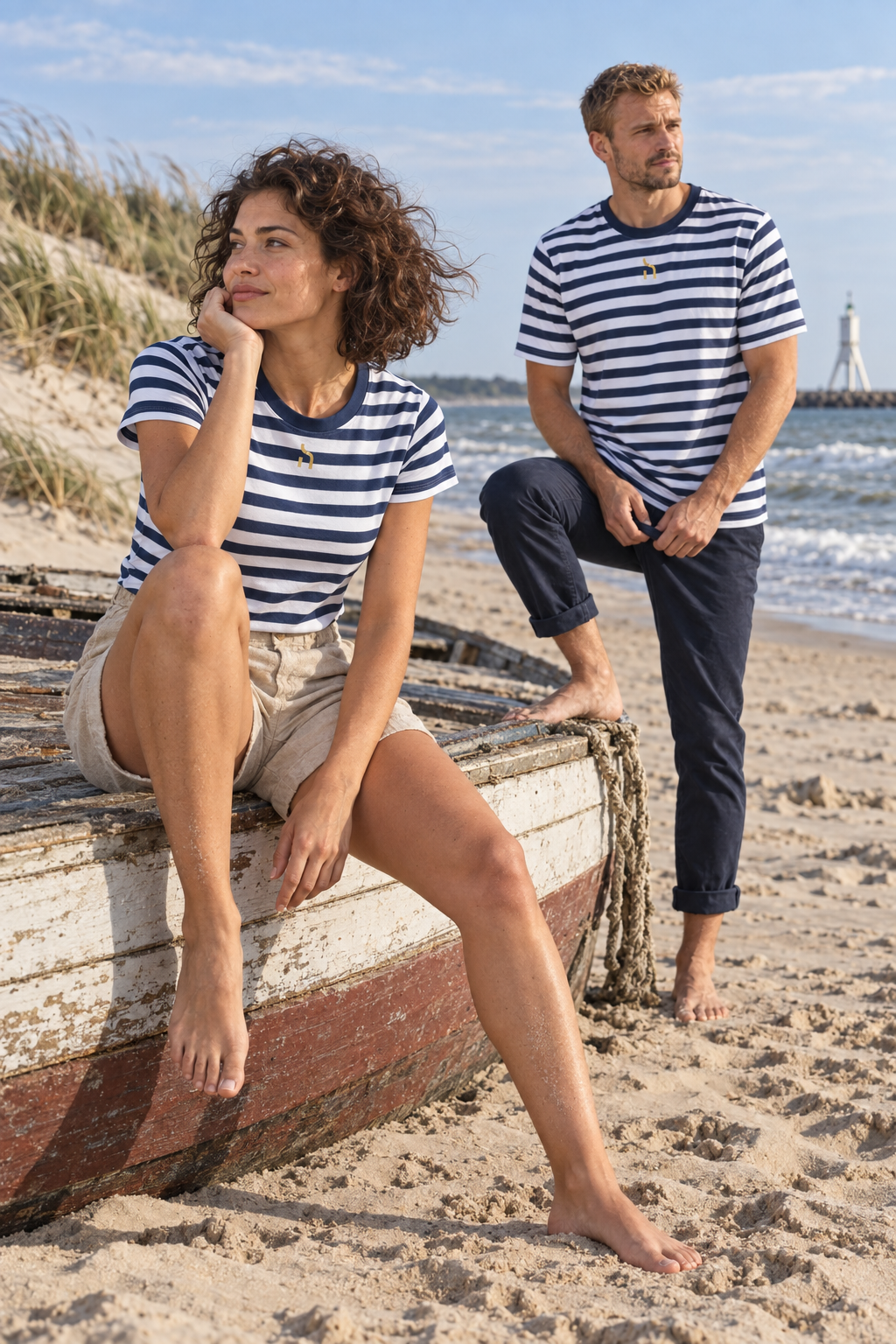Frau und Mann tragen gestreifte Haensch Coast T-Shirts in White Navy mit goldenem Haensch-Zeichen an einem Strandboot in Swinemuende.