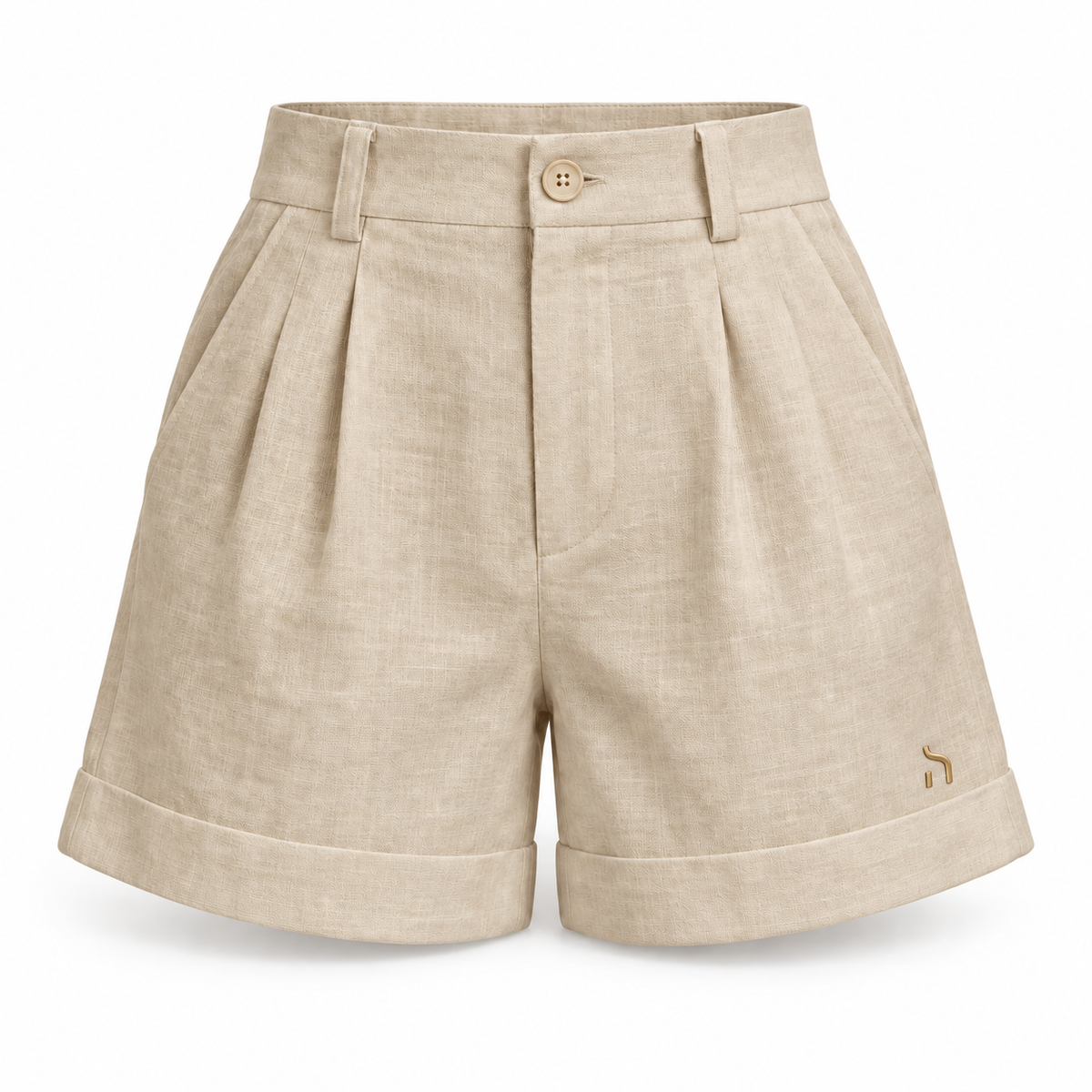 Haensch Coast Tailored Linen Shorts Damen in Coast Linen Sand mit goldenem H-Logo, freigestellte Vorderansicht auf weißem Hintergrund