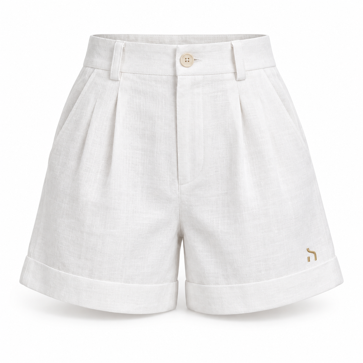 Haensch Coast Tailored Linen Shorts Damen in Coast White mit goldenem H-Logo, freigestellte Vorderansicht auf weißem Hintergrund