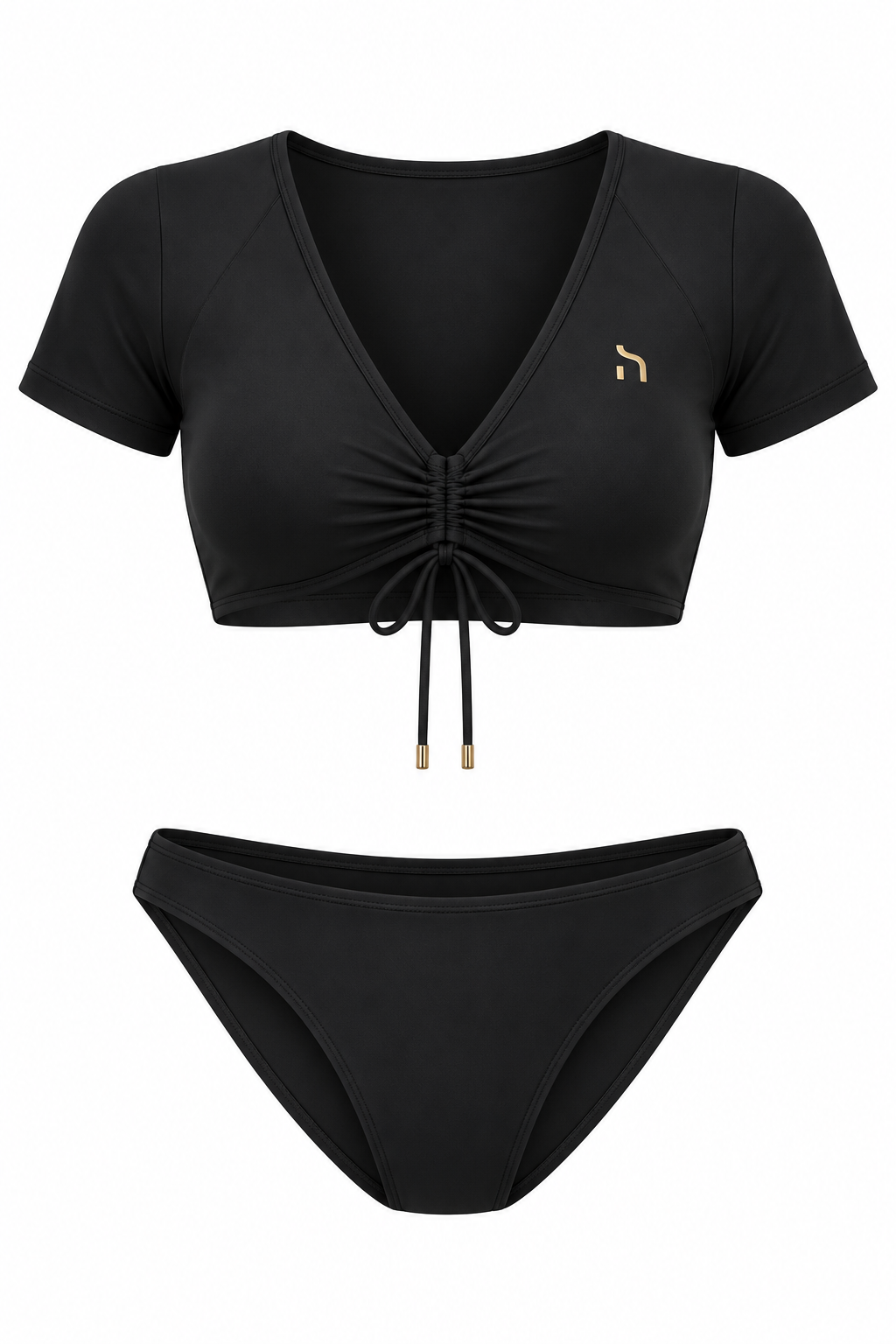 Haensch Coast V-Neck Surf Bikini Damen in Coast Black mit kurzärmeligem V-Neck-Oberteil, gerafftem Kordelzug und kleinem goldenem Hänsch-H-Signet