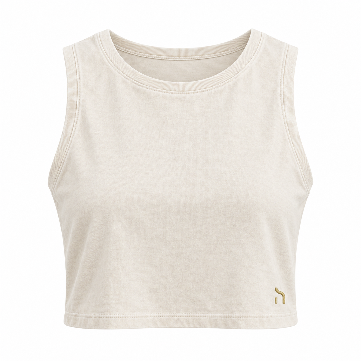 Haensch Coast Washed Crop Top Damen in Coast Washed Ivory aus Bio-Baumwolle mit goldenem H-Logo, freigestellte Vorderansicht auf weißem Hintergrund
