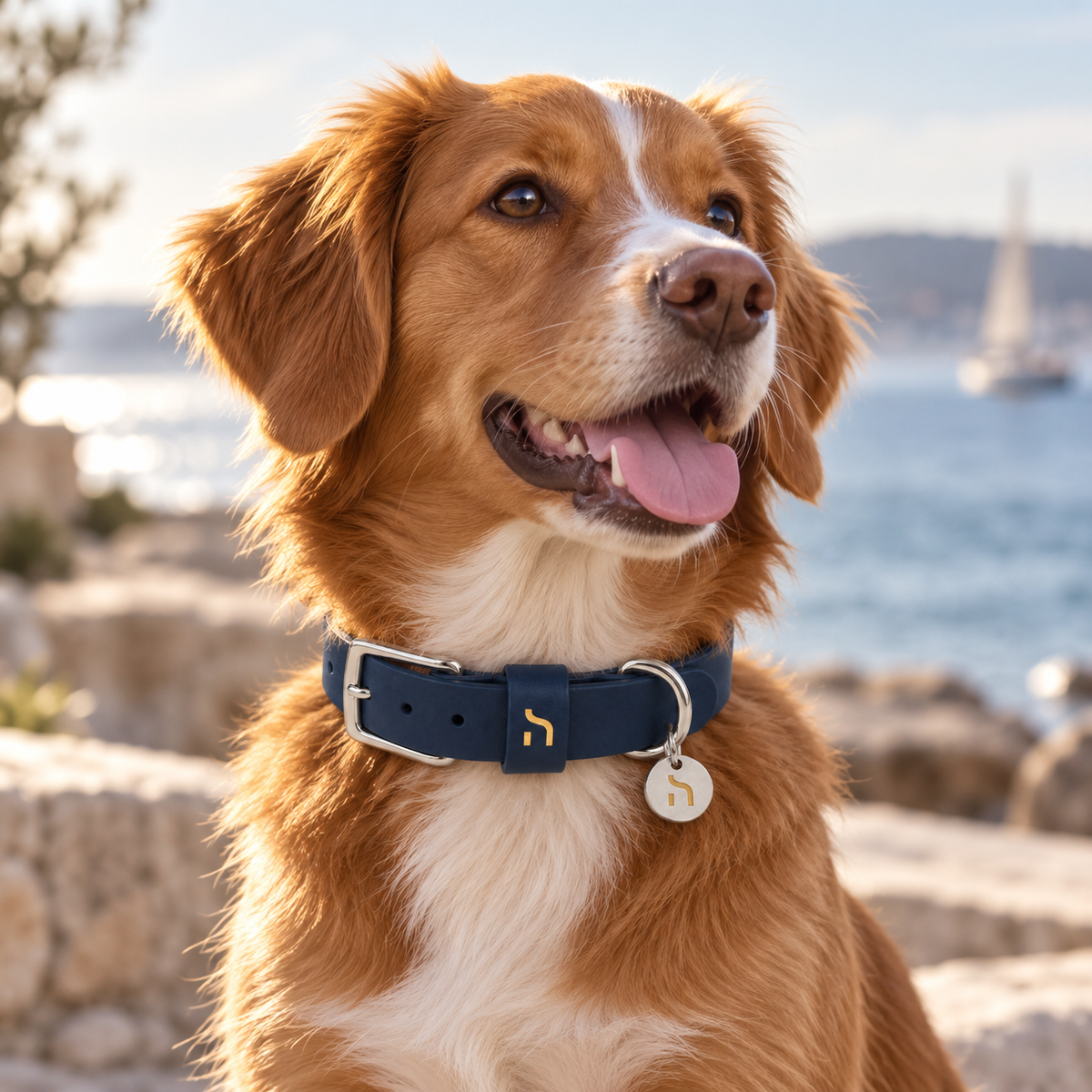 Hund trägt das Haensch Coast Waterproof Dog Collar in Deep Navy mit goldenem Haensch Logo und silberfarbenen Beschlägen an der Küste.
