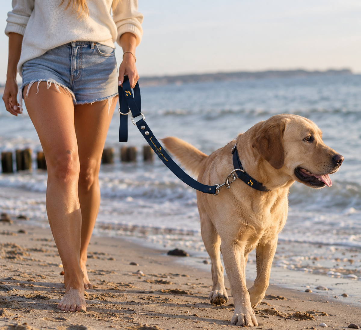 Hund mit Haensch Coast Waterproof Dog Collar und passender Deep-Navy-Hundeleine mit goldenem Haensch Logo beim Spaziergang am Strand.