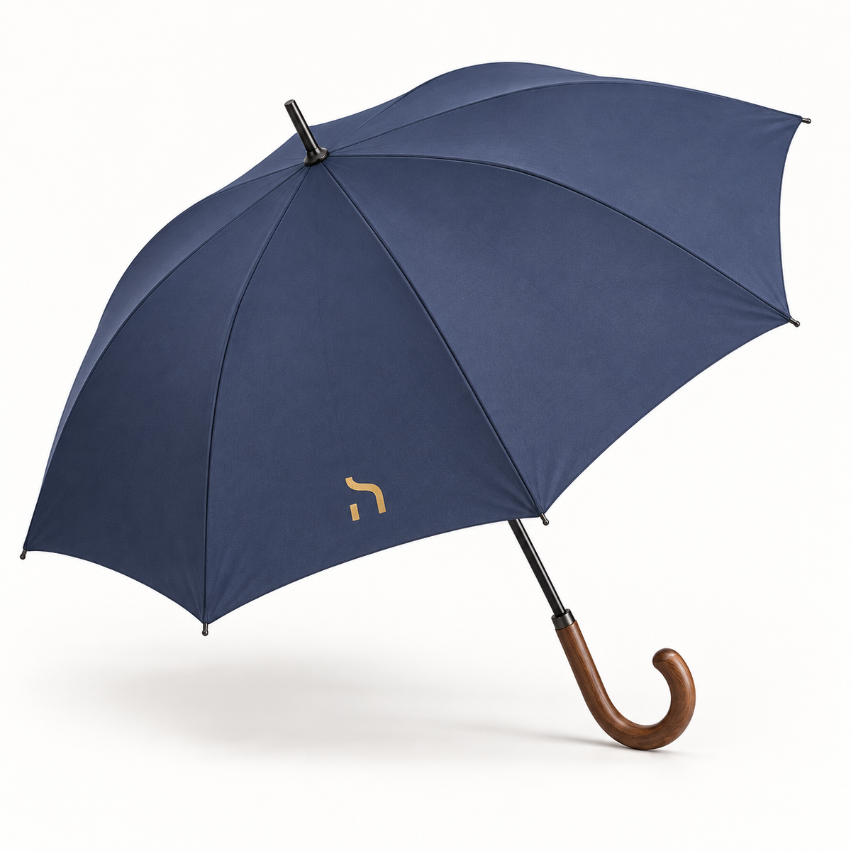 Geöffneter navyfarbener Haensch Coast Windproof Regenschirm mit Echtholzgriff und goldenem Haensch-Zeichen.
