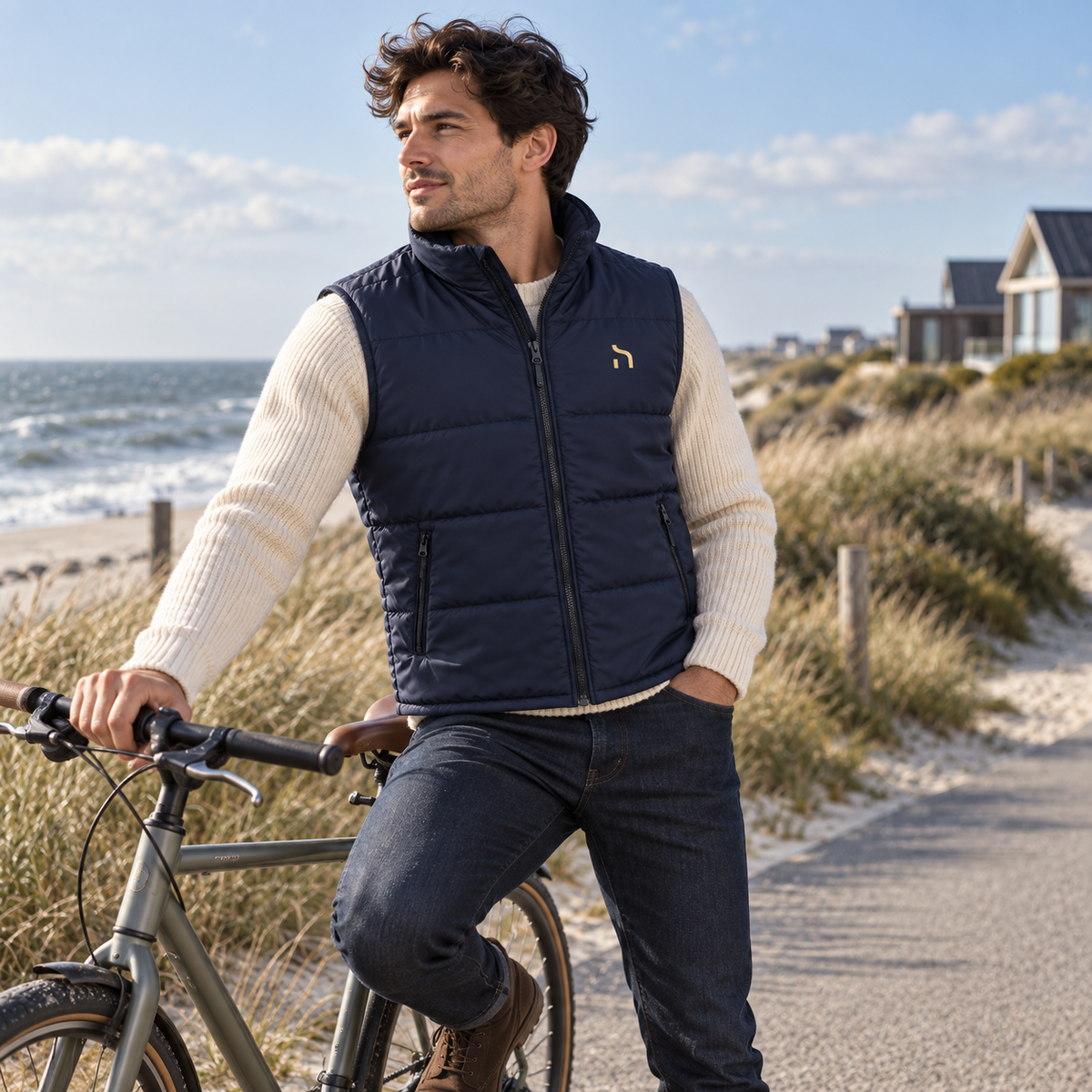 Junger Mann trägt die marineblaue Haensch Coast Windproof Weste mit goldenem Brustzeichen neben seinem Fahrrad am Küstenweg.