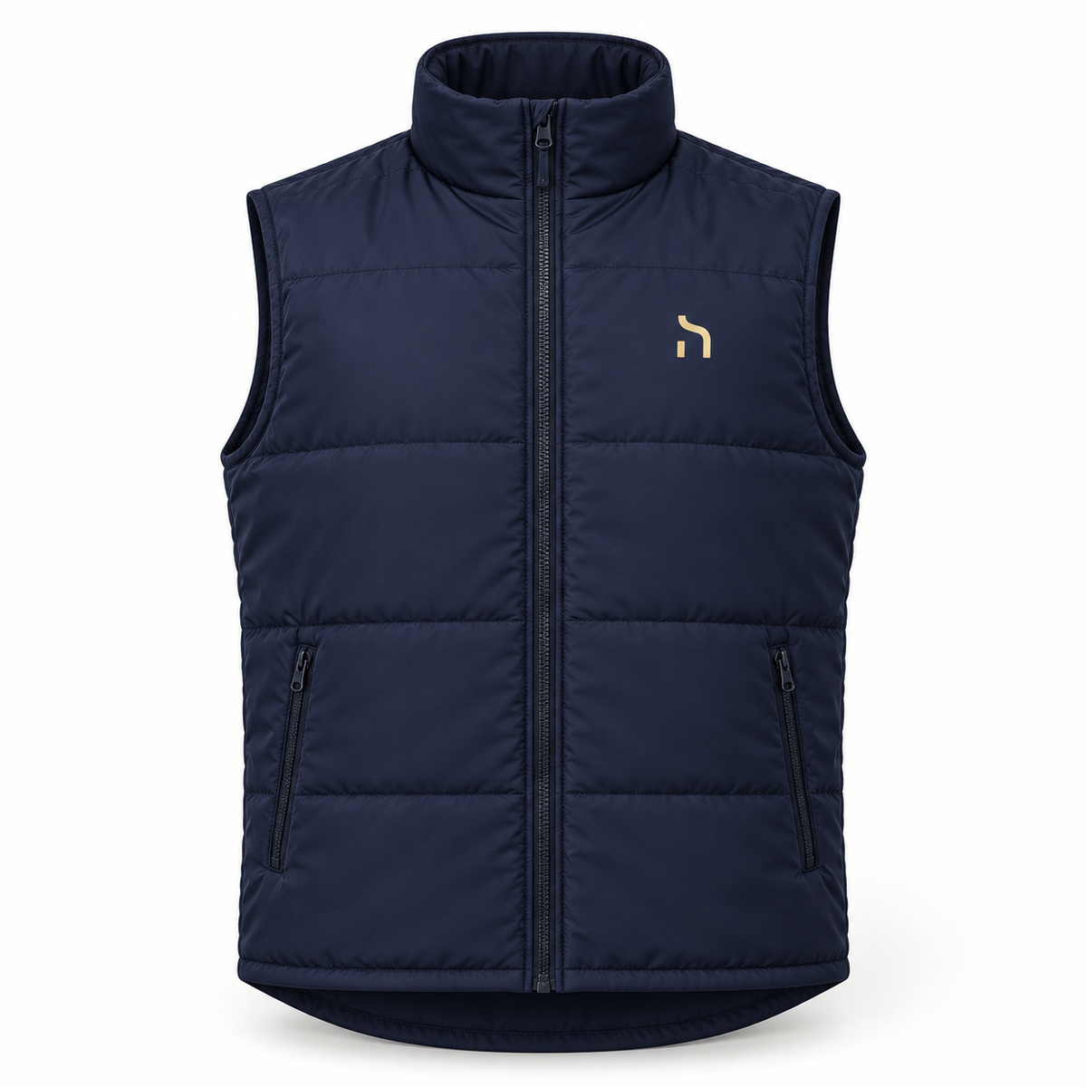 Marineblaue Haensch Coast Windproof Weste mit Stehkragen, Reißverschluss und goldenem Haensch-Zeichen auf der linken Brust.