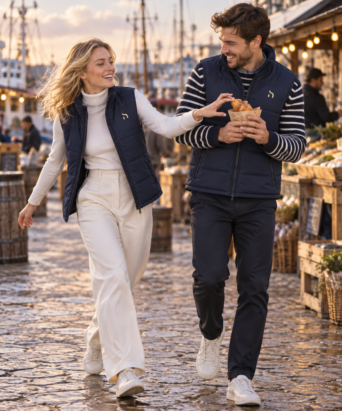 Junges Paar trägt marineblaue Haensch Coast Windproof Westen mit goldenem Brustzeichen auf einem modernen Hafenmarkt.