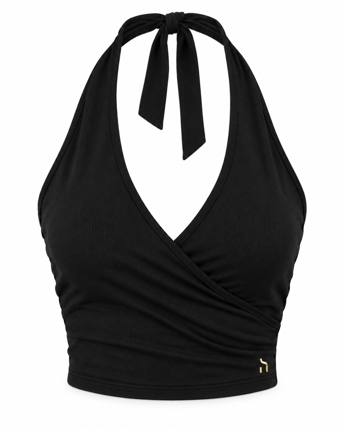 Haensch Coast Wrapped Neckholder Top Damen in Coast Black mit tiefem Wickel-V-Ausschnitt, Neckholder-Bindung und kleinem goldenem H-Signet