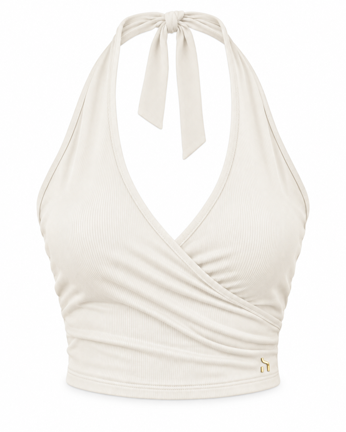Haensch Coast Wrapped Neckholder Top Damen in Coast White mit tiefem Wickelausschnitt, Neckholder-Bindung und kleinem goldenem H-Signet