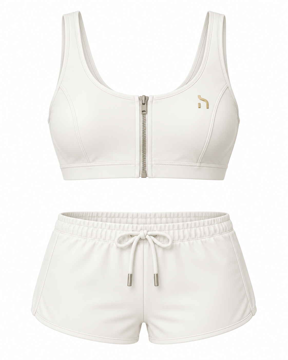 Haensch Coast Zip Sport Bikini Damen in Coast White mit sportlichem Zip-Front-Oberteil, passenden Badeshorts und kleinem goldenem Hänsch-H-Signet