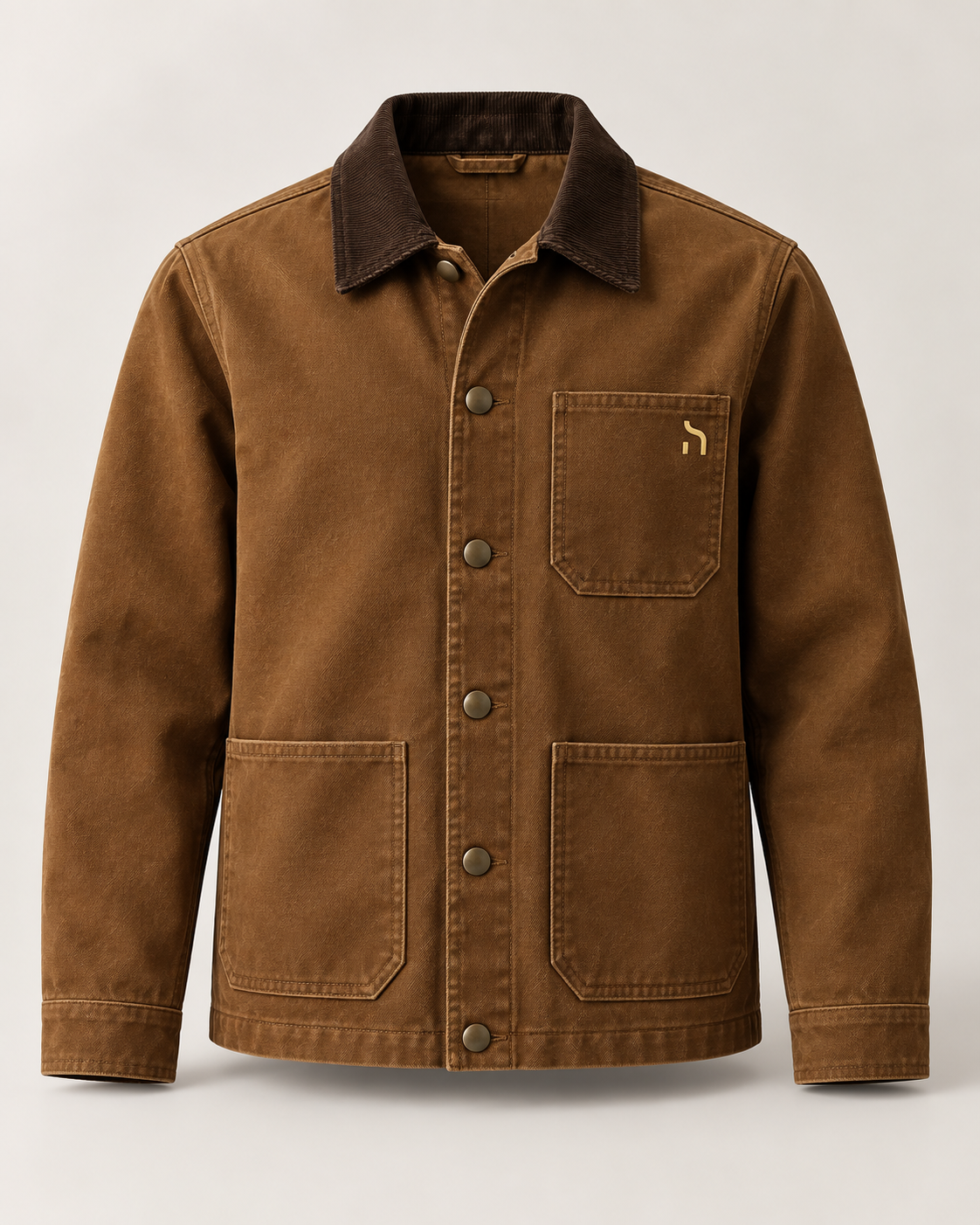 Haensch Heritage Canvas Jacket in Heritage Bronze mit Cordkragen, Metallknöpfen, aufgesetzten Taschen und goldenem Haensch-Zeichen.