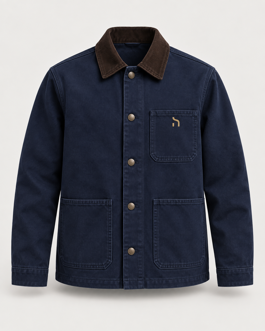 Haensch Heritage Canvas Jacket in Heritage Navy mit Cordkragen, Metallknöpfen, aufgesetzten Taschen und goldenem Haensch-Zeichen.